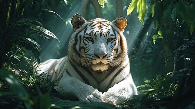 A rare white tiger resting peacefully in the shade of a lush jungle. 