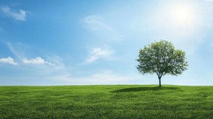 Obraz premium Sole tree stands on lush green field under bright blue sky with scattered clouds during the day. Generative AI