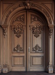Ornate carved wooden double doors with arched entryway.