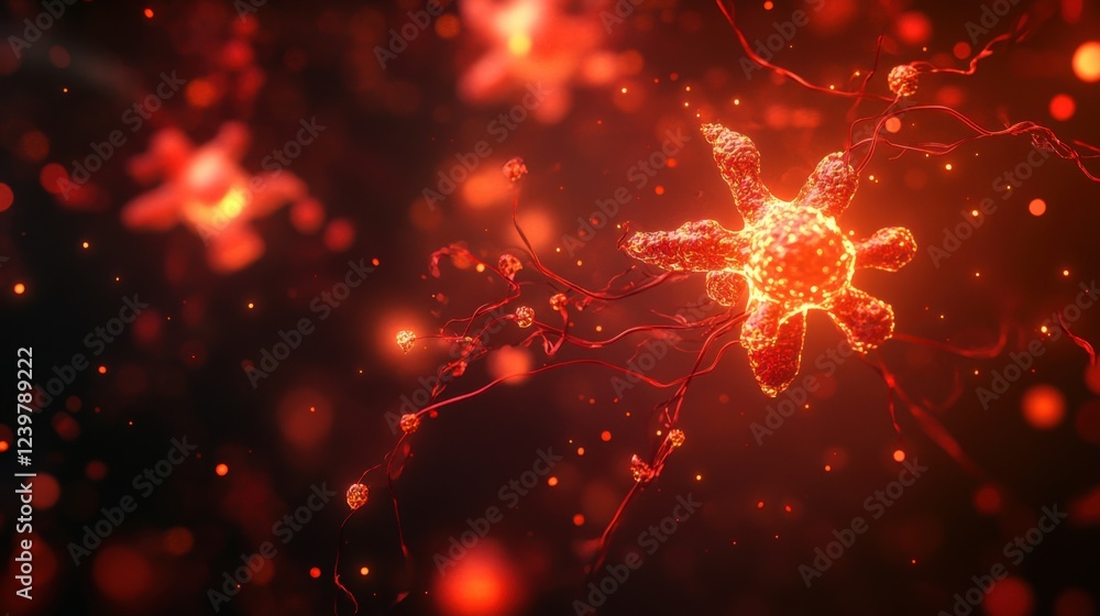 Poster microscopic neuron visualization: intricate neural network in glowing red hues
