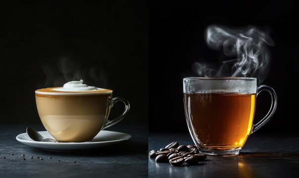 Warm Beverages: A Cappuccino and Tea Still Steaming