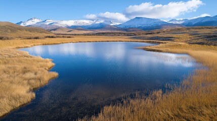 Obraz premium Tranquil Blue Lake Reflecting Snowy Mountains Under Autumn Sky