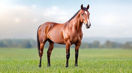 Chestnut stallion in a green pasture, serene background.  Stock photo for equine websites