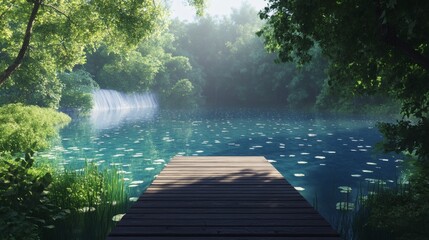 Naklejka premium Serene Nature Scene with Tranquil Water and Lush Greenery