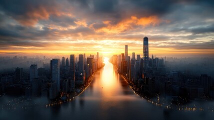 Fototapeta premium Dramatic and vibrant sunset skyline cityscape with skyscrapers reflected in a glowing river Moody urban architecture and transportation infrastructure over a colorful dusk sky