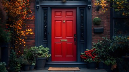 Obraz premium A red door with a black trim sits in front of a brick building