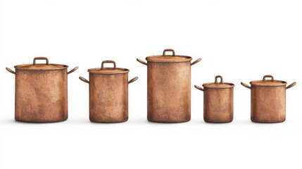 Copper Kitchenware Set in Vintage Style with White Background  A collection of classic copper pots pans and lids arranged in a still life composition against a clean white backdrop creating a warm