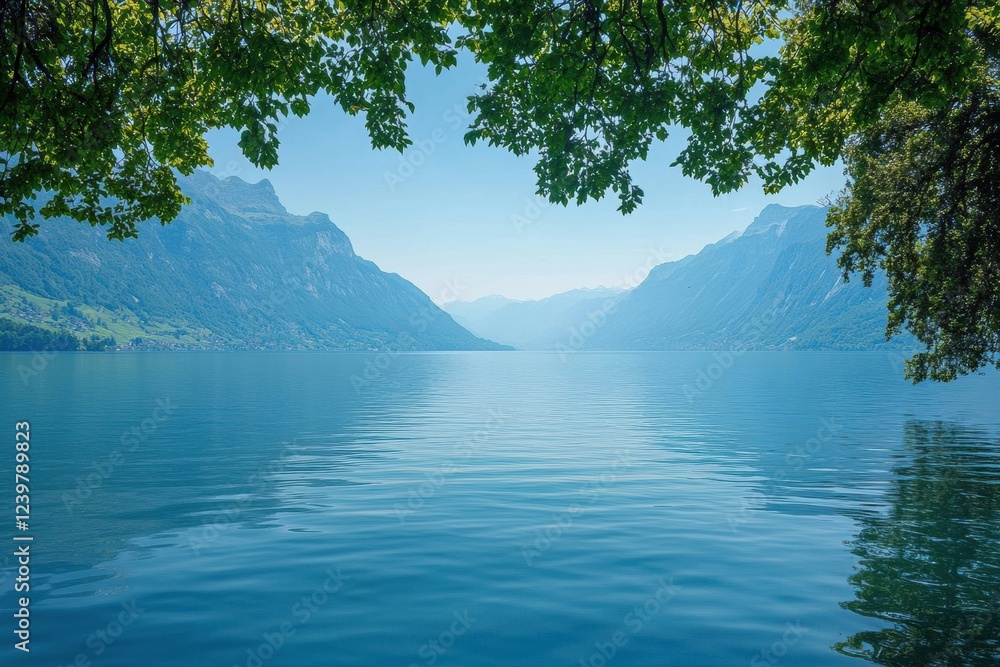 Aufkleber serene view of tranquil lake surrounded by mountains and lush greenery on a clear sunny day. generat
