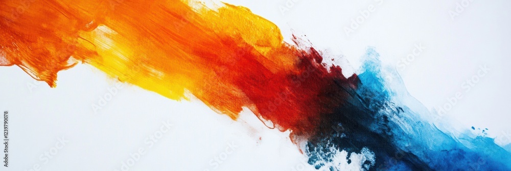 Poster vibrant abstract painting showcasing dynamic color flow with hues of orange, red, and blue on a whit