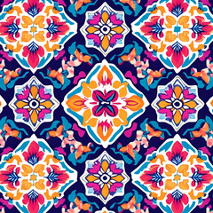 Vibrant Floral Tile Pattern: A repeating pattern of vibrant floral tiles in shades of pink, orange, and blue, creating a dynamic and visually stunning design. Perfect for backgrounds, textiles.