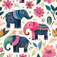 Ornate Elephants and Flowers: A charming seamless pattern featuring three adorned elephants in navy and pink, surrounded by vibrant pink and orange flowers and leaves.