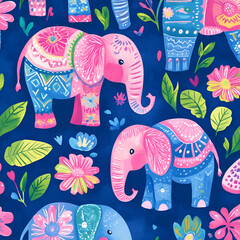Ornate Elephants on Navy: A vibrant, whimsical pattern featuring pink and blue decorated elephants amidst a profusion of colorful flowers and leaves on a deep navy blue background.