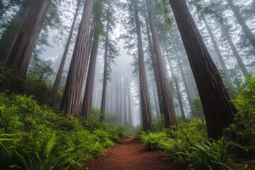 Fototapeta premium ancient mystical forest of towering redwoods in morning mist
