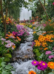 Serene stream flows through vibrant, colorful flower garden.