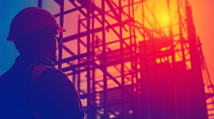 A man wearing a hard hat and safety glasses is standing in front of a building
