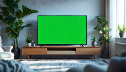 A modern living room featuring a large TV with a green screen, surrounded by plants and stylish furniture, creating a cozy atmosphere.