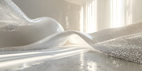 Sculptural Drape in Sunlit Room: A flowing, sculptural textile installation commands attention in a minimalist room, bathed in soft, natural light streaming through sheer curtains.