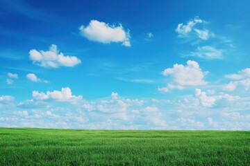 Vibrant green grass stretches under a bright blue sky with fluffy white clouds during a sunny day in a tranquil landscape. Generative AI