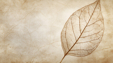 Skeleton Leaf on Parchment: A delicate skeleton leaf, its intricate vein structure visible, rests on a textured parchment background.  The sepia tones create a vintage aesthetic.