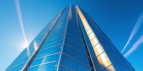 Imposing glass skyscraper against a bright blue sky, highlighting the cutting-edge architecture, urban progress, and sleek corporate design of modern business environments

