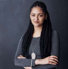 Arms crossed, intern and creative with business woman in studio for fashion designer, boutique...