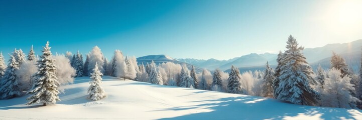 Snow-covered trees stand tall against the backdrop of a bright blue sky in a picturesque winter mountain landscape, trees, scenic, sunny
