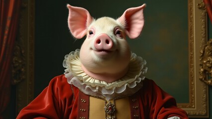 A pig painted in Renaissance style, wearing velvet robes and a lace collar, exuding a thoughtful expression. The background features soft colors, creating a playful yet regal portrait.