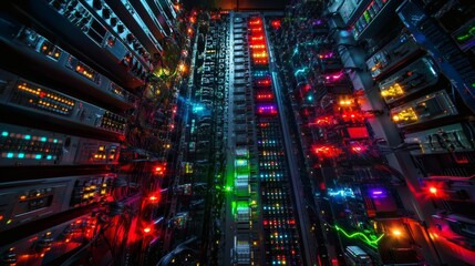 Naklejka premium Colorful Server Room with Illuminated Equipment and Wiring Details