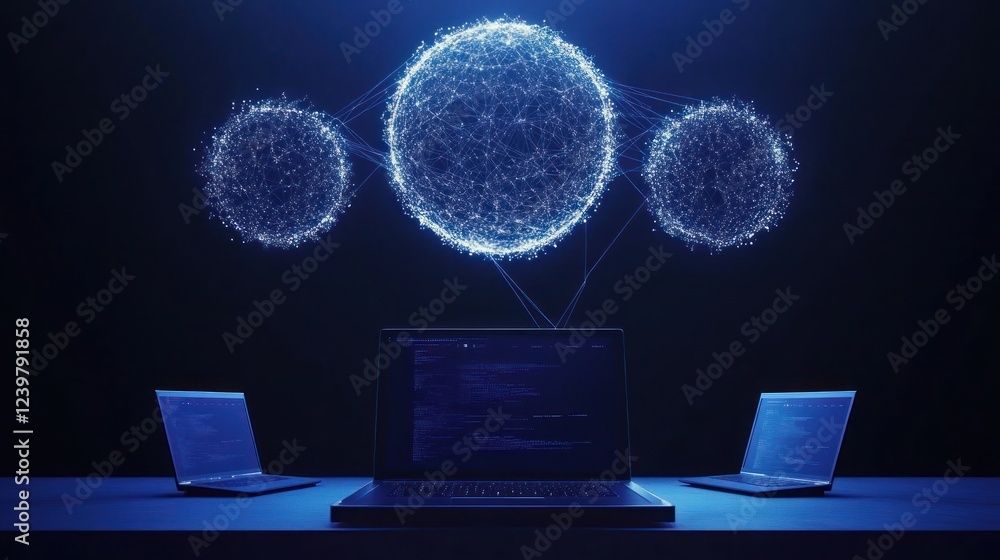 Poster three laptop computers connected to glowing orbs in a network on dark background. tech stock
