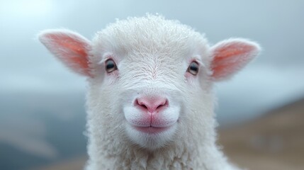 Fototapeta premium Cute lamb portrait, farm, hills, springtime