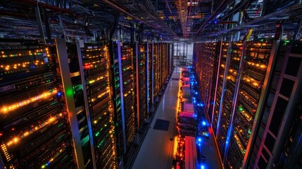 Fototapeta premium Colorful Server Room with Bright Lights and Computer Equipment