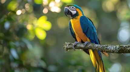 A colorful macaw perched on a branch amidst lush greenery, showcasing vibrant blue and yellow feathers in a natural setting.
