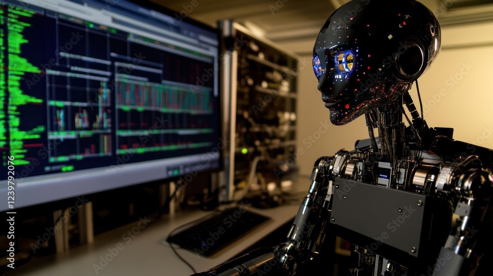 Poster advanced ai robot interacting with complex code on a large monitor
