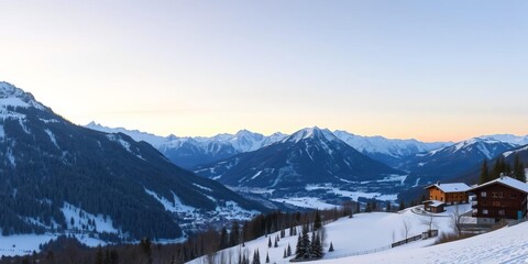 Fototapeta premium Snowy mountains reflecting the golden hues of the setting sun in the picturesque ski resort of Solden, Austria, holiday, evening, alpine