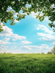 Fototapeta premium Lush green meadow under vibrant blue sky filled with fluffy white clouds on a sunny day. Generative AI