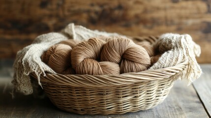Cozy Yarn Display in Rustic Basket, showcasing a warm brown yarn bundle, enhancing the earthy ambiance of a handcrafted space