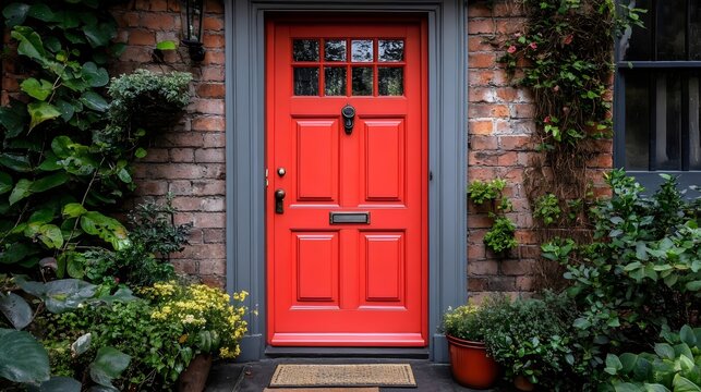 A red door with a white trim sits in front of a brick building