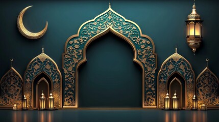 Ramadan Kareem Islamic Background With Crescent Moon Lantern Star and Arabic Pattern