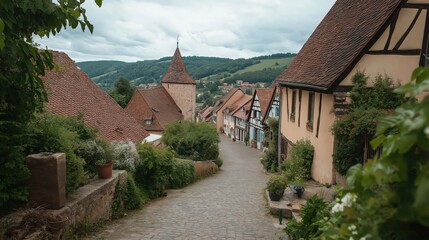 Charming Village Street With Half Timbered Houses and Lush Greenery