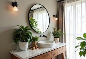 Elegant Arched Mirror: Reflecting Bathroom Plants, Modern Home Interior, Stylish Design, Contemporary Wall Decor, Home Styling, Reflective Surface, Bathroom Scene, Interior Reflection.
