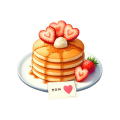 Delicious stack of pancakes topped with strawberries and syrup, perfect for breakfast or brunch celebrations.