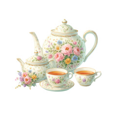Elegant porcelain tea set adorned with colorful floral designs, perfect for afternoon tea or decorative purposes.