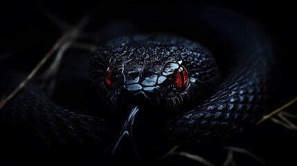 Obraz premium Black Snake with Red Eyes, on Black Background, Abstract Image, Texture, Pattern Background, Wallpaper, Cover and Screen of Smartphone, PC, Laptop, 9:16 and 16:9 Format