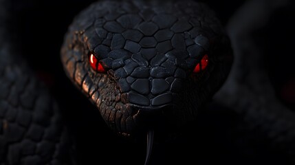 Fototapeta premium Black Snake with Red Eyes, on Black Background, Abstract Image, Texture, Pattern Background, Wallpaper, Cover and Screen of Smartphone, PC, Laptop, 9:16 and 16:9 Format