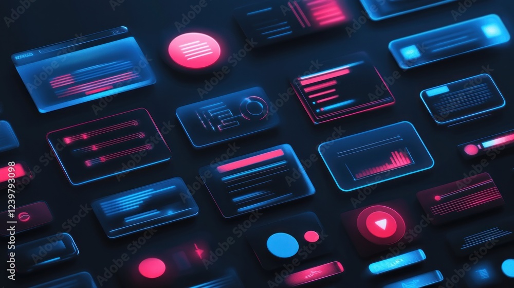 Poster neon ui elements: futuristic digital interface design