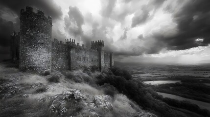 Fototapeta premium A castle is shown in the distance with a cloudy sky above it