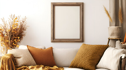 Autumnal Living Room Mockup: A rustic wooden frame provides a blank canvas against a calming backdrop of cream-colored sofa, mustard-yellow throw pillows, and dried autumnal floral arrangements.