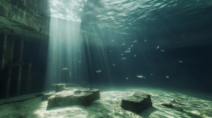 Obraz premium Serene Underwater Scene with Sunlight Rays and Marine Life