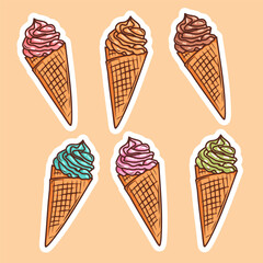 Vector colorful ice cream in a cone, different flavours, summer stickers