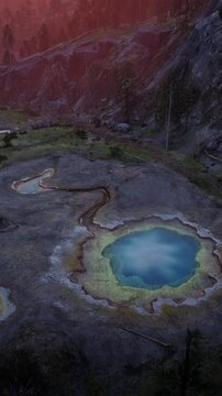 3D. USA. Wyoming. Hot Springs. Yellowstone National Park. Doublet Pool. Sunset. Vertical Format